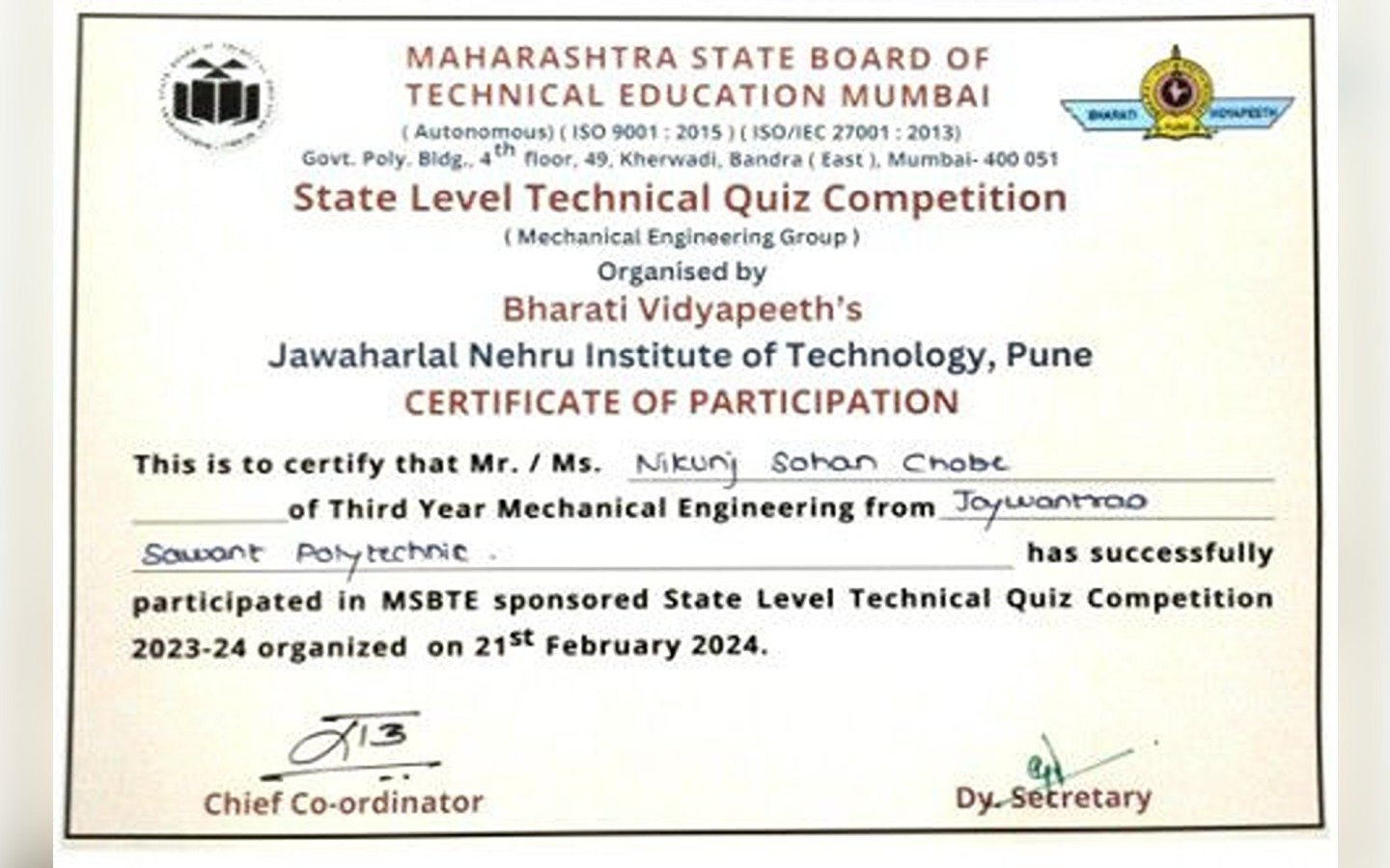 MSBTE Sponsored State Level Technical Quiz Competition 2024